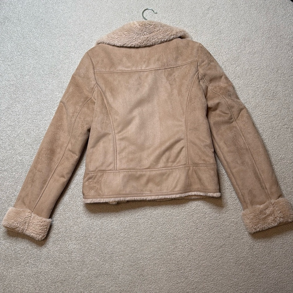 Topshop Camel Suedette Faux Fur Moto Biker Jacket with Belt - US 4 - Picture 5 of 10